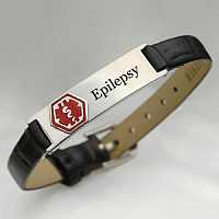 Black Leather Epilepsy Medical Bracelet