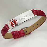 Pink Leather and Stainless Diabetes Medical Bracelet